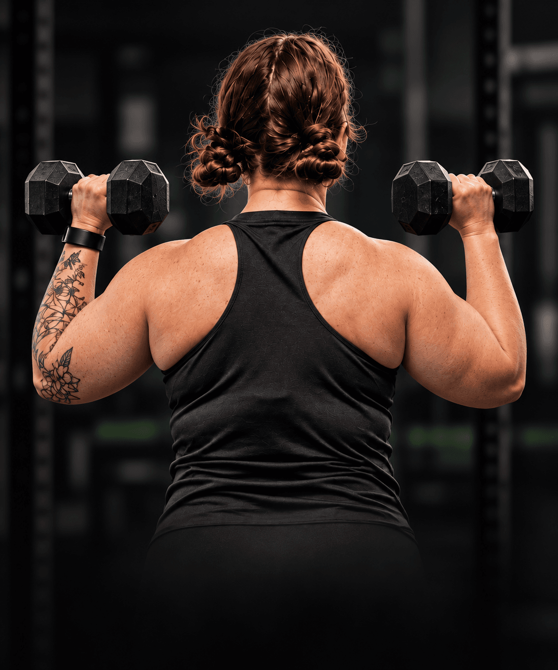 Chrissy pressing a pair of dumbbells overhead